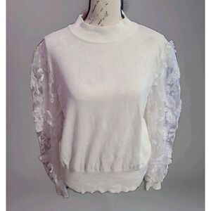 Joseph A‎ White Sheer Floral Lace Sleeve Sweater Top Womens Size Large